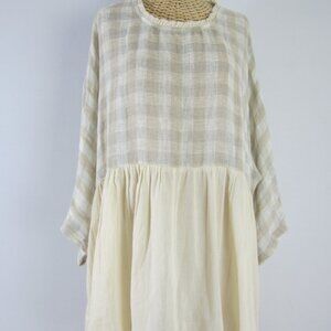 Paper Lace Womens One Size Beige Cream Plaid Linen Cotton Ruffle Tunic Baby Doll